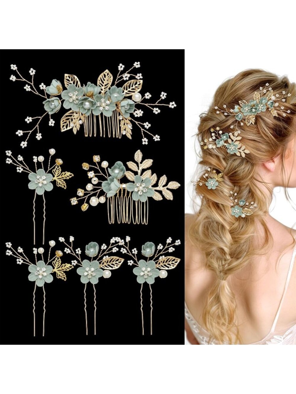 Women's Green 6 Pcs French Rhinestone Bridesmaids Floral Bridal Hair Clips